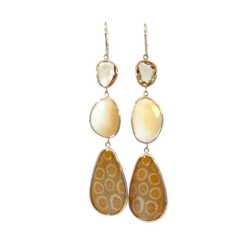 Ladies art deco earrings-Citrine, White Opal and B'unga Agate Elizabeth Stone Earrings