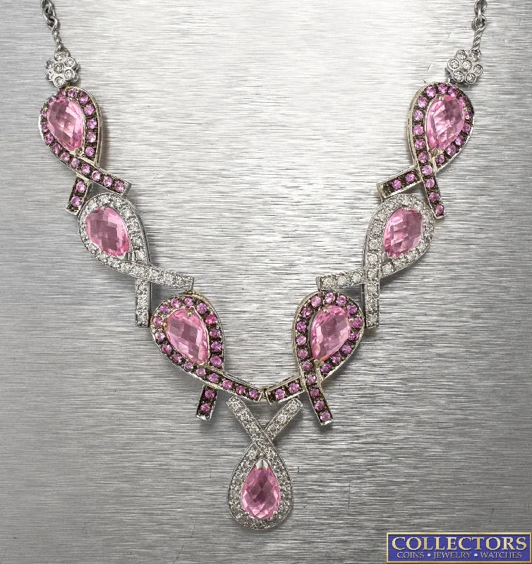 Ladies engraved heart necklace-Ladies 14K Gold 22.30ctw Pink Sapphire Diamond Ribbon Breast Cancer Necklace