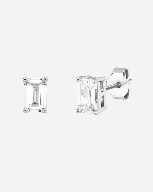 Ladies geometric stud earrings-BAGUETTE STUDS. 925. - WHITE GOLD