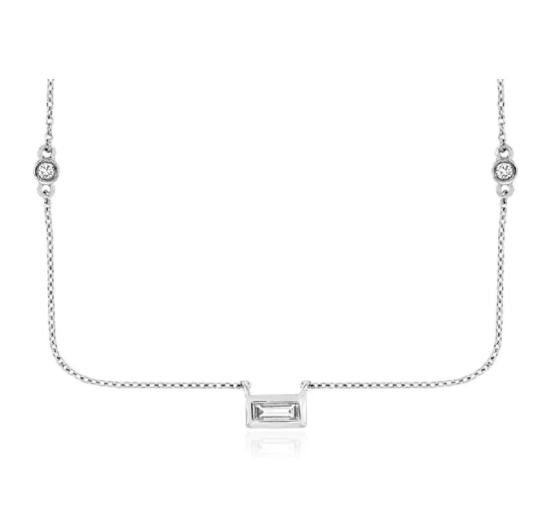 Ladies chain necklace-14k white gold center diamond baguette and round stations 16" necklace