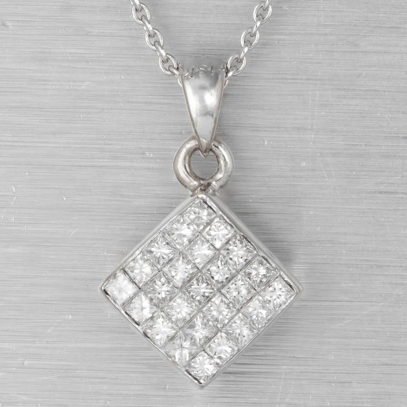 Ladies birthstone necklace-Estate 18k White Gold Princess Cut Diamond Square Pendant Necklace 0.50ctw 18"