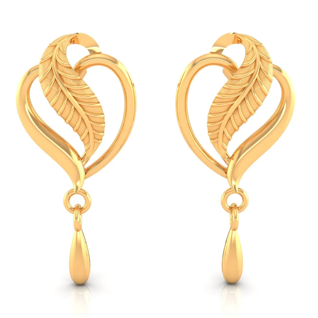 Ladies simple hoop earrings-22KT (916) Yellow Gold Heart Drop Earrings With Leaf Accent And Drop Dangle