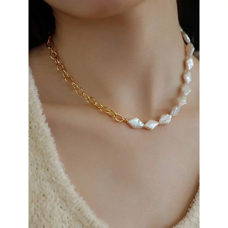 Ladies sterling silver chain necklace-Natural Baroque Pearl Spliced Chain Necklace