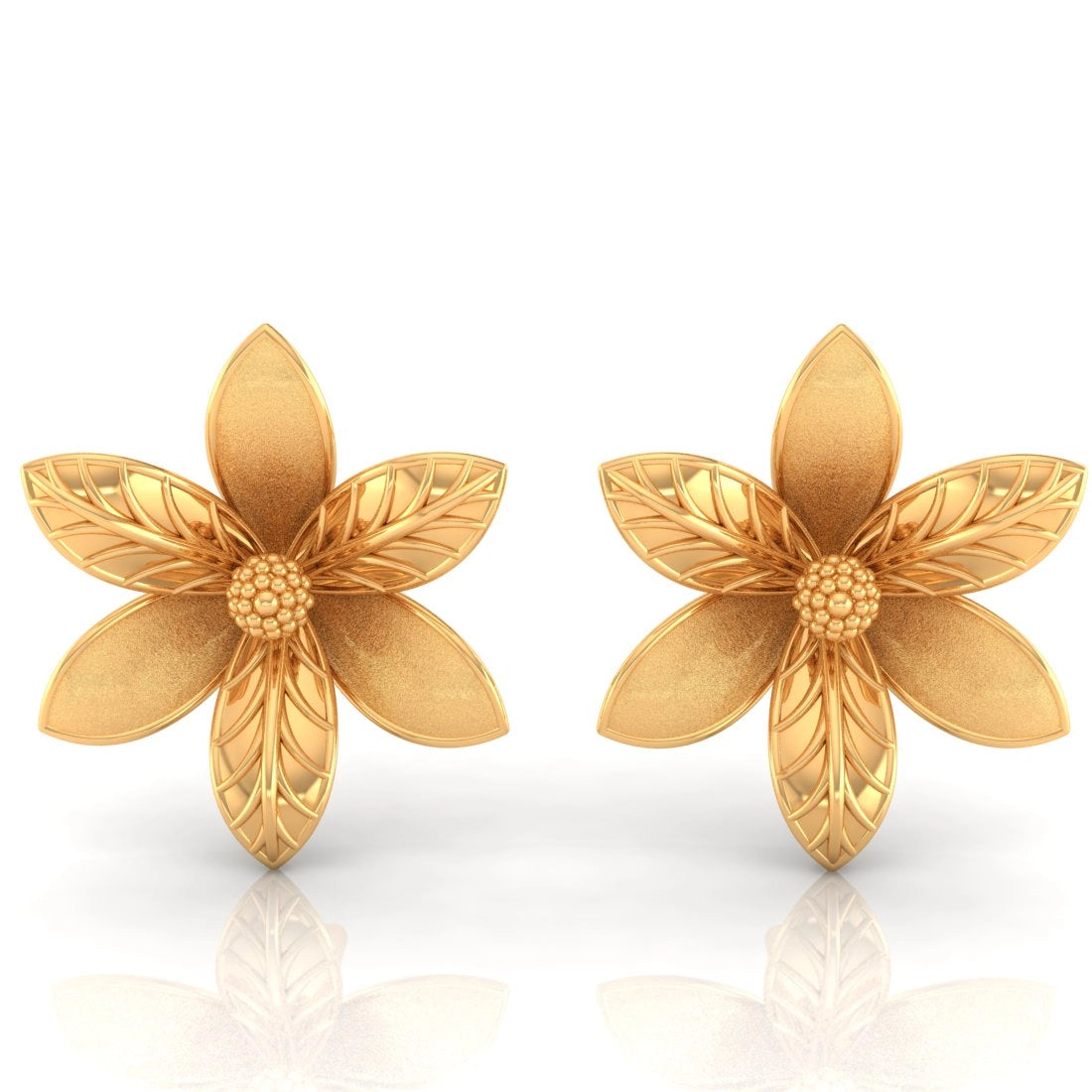 Ladies cuff earrings-22KT (916) Yellow Gold Flower Stud Earrings With Detailed Petals And Textured Finish