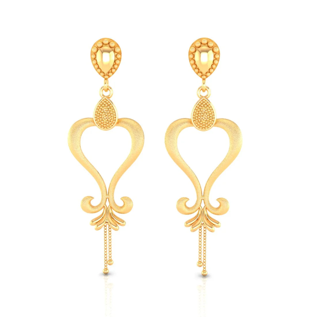 Ladies flower earrings-22KT (916) Yellow Gold Heart-shaped Dangle Drop Earrings With Chain Tassels