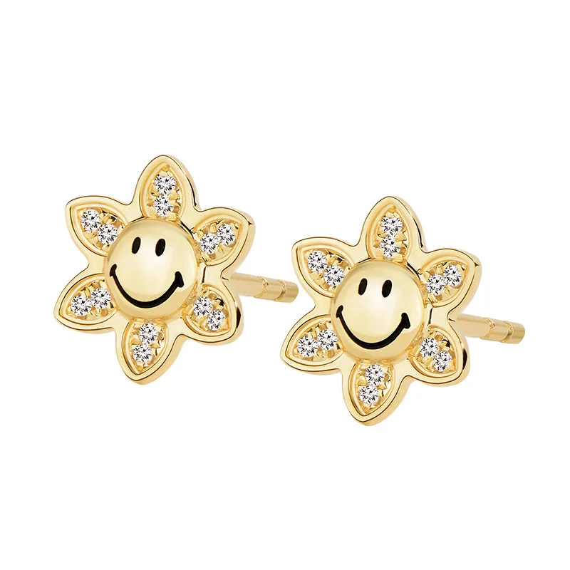 Ladies classic stud earrings-KKLUExSMILEY® Smiley Sunflower Diamond Gold Earrings