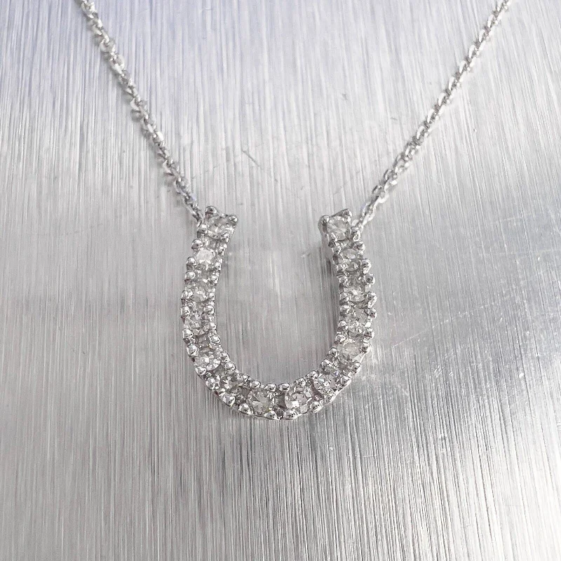 Ladies layered pendant necklace-14k White Gold Single Cut Diamond Horseshoe Pendant Necklace 17.5" 0.20ctw