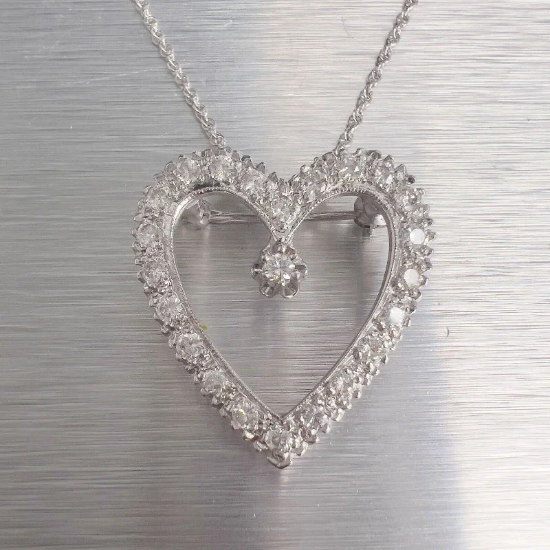 Ladies chunky necklace-14k White Gold Diamond Heart Necklace / Brooch Pin 0.48ctw G VS2 6.0g 18"