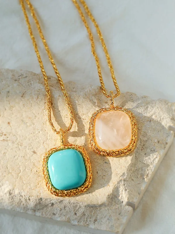 Ladies heart-shaped pendant necklace-Square Pink Crystal Turquoise Necklace Pendant