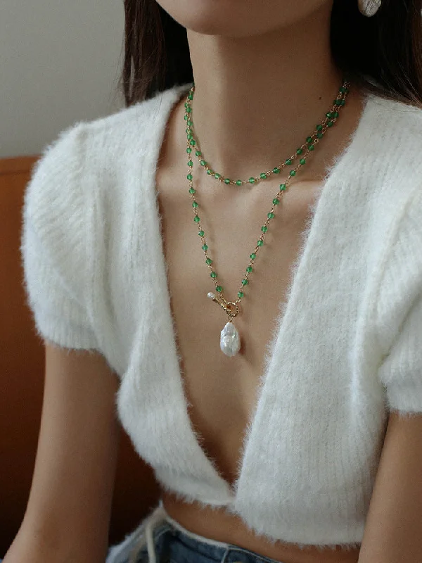 Ladies gold jewelry necklace-Green Onyx Baroque Pearl Necklace Multilayer Long Sweater Chain