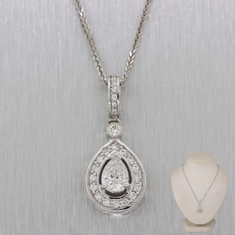 Ladies silver necklace-Modern 14k White Gold .82ct Pear Shaped Diamond 1.40ctw Halo 16" Necklace