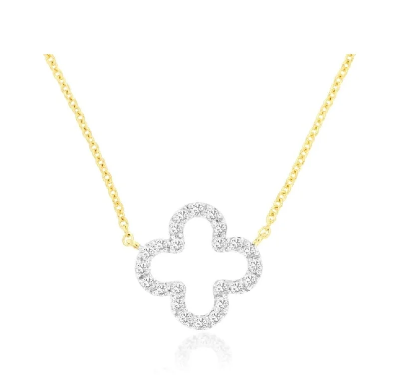 Ladies layered necklace-14k white and yellow  gold open quatrefoil diamond outline necklace