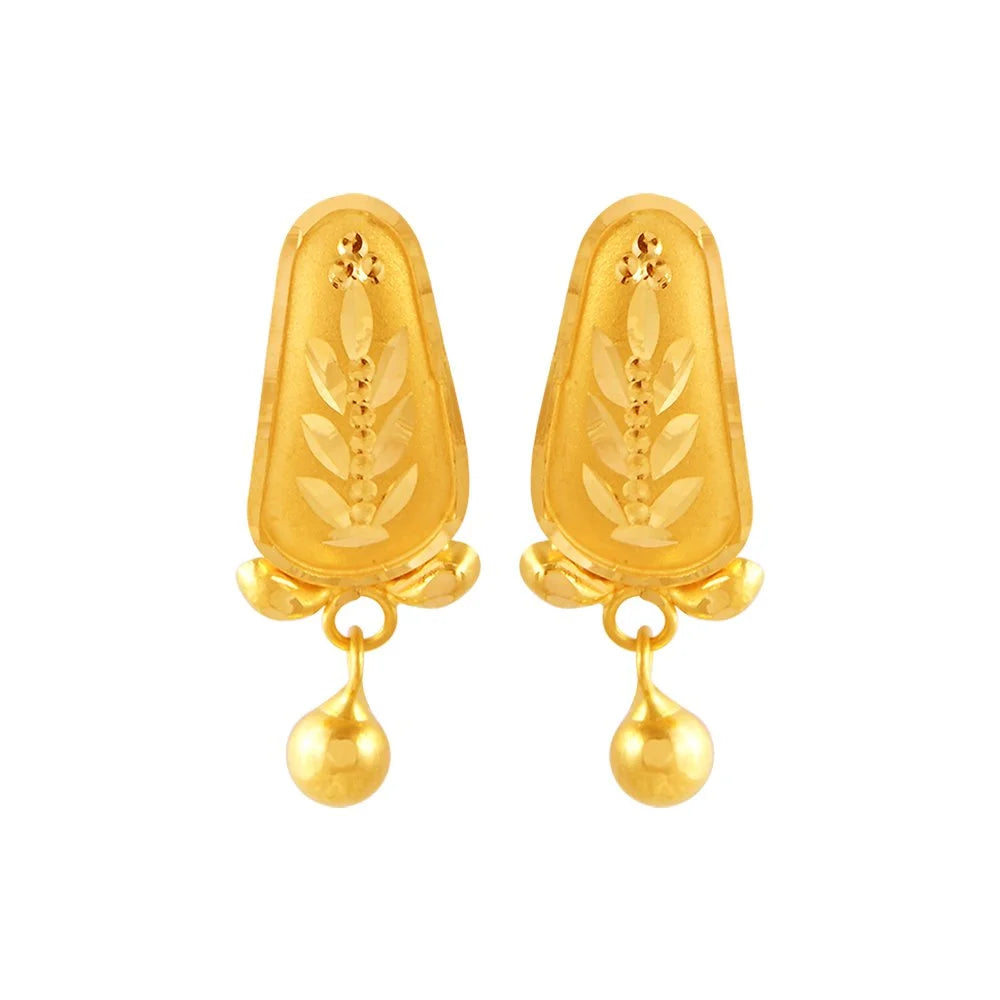 Ladies fashion earrings-22KT (916) Yellow Gold Dangle Stud Earrings With Fine Leaf Engraving And Ball Drop