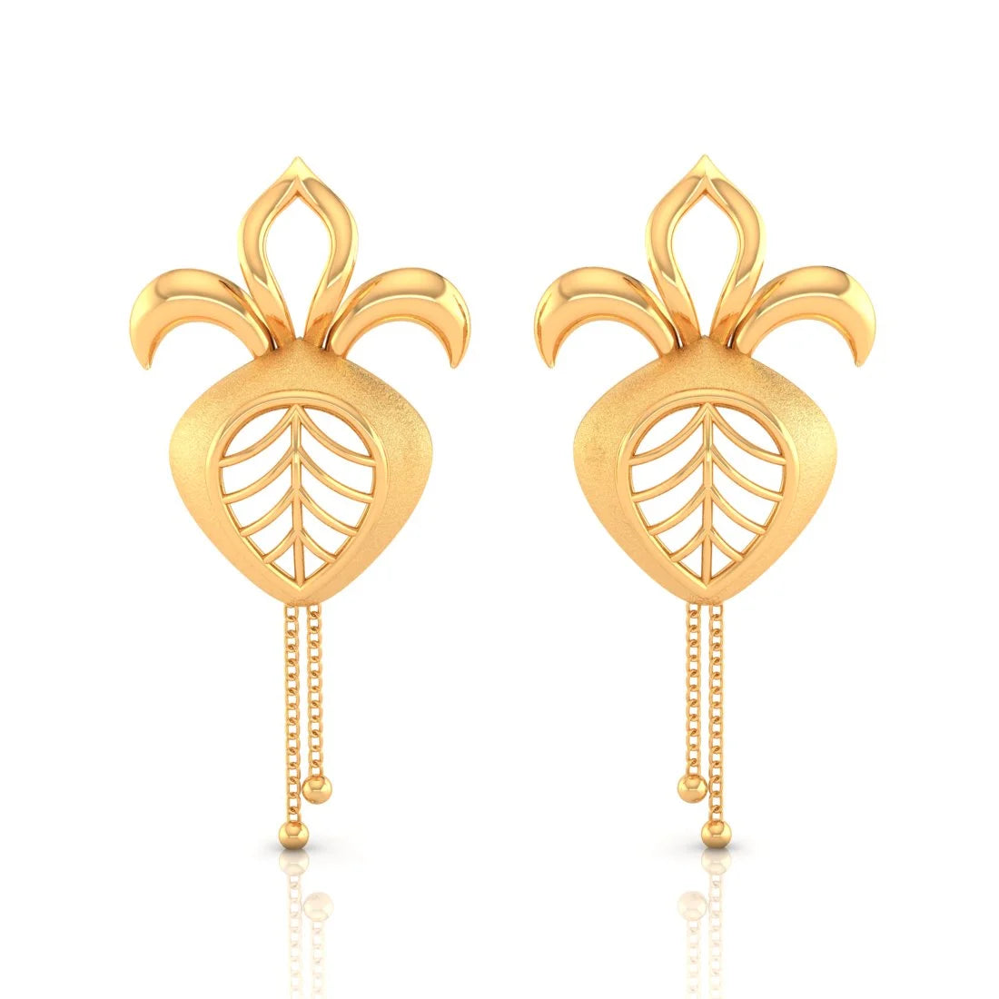 Ladies fashion statement earrings-22KT (916) Yellow Gold Leaf Drop Earrings With Chain Tassels