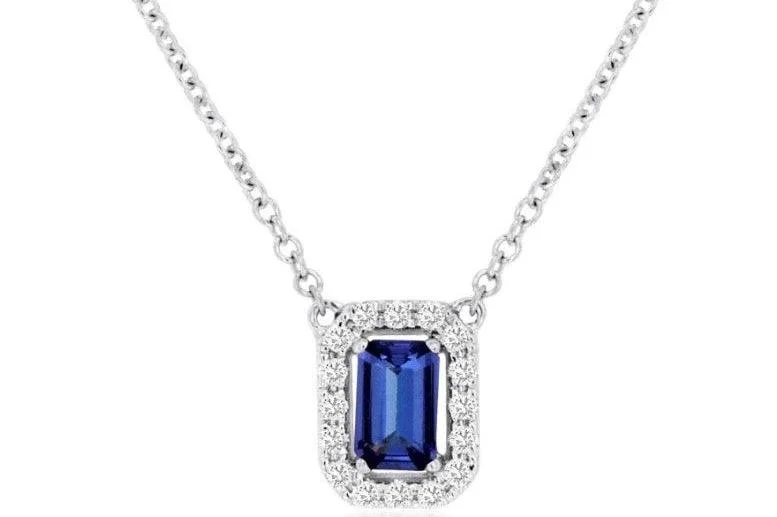 Ladies gemstone drop necklace-14k white gold emerald cut tanzanite diamond halo 18" necklace