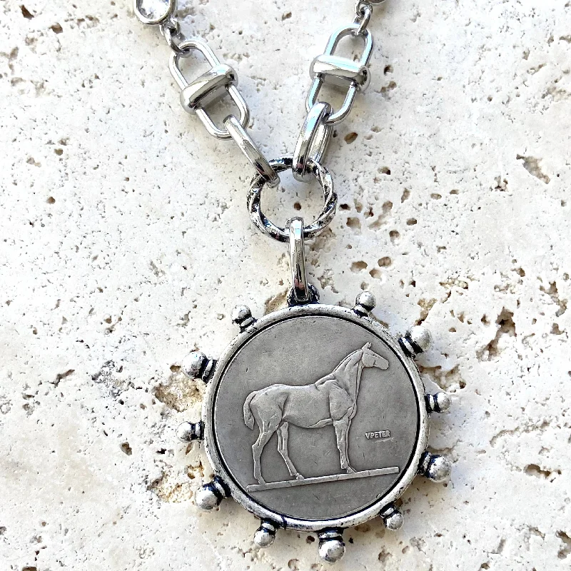 Ladies diamond pendant necklace-Horse equestrian jewelry derby coin necklace