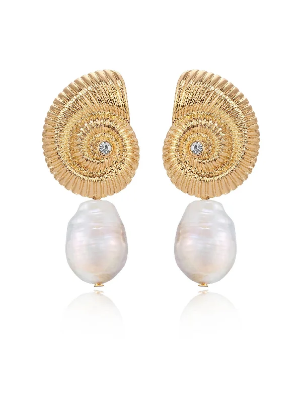 Ladies drop earrings-Nautilus Shell Freshwater Pearl Earrings