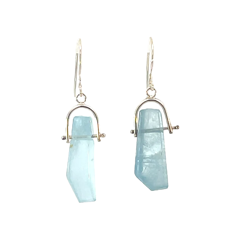 Ladies wedding drop earrings-Silver Aquamarine Swinger Stone Earrings