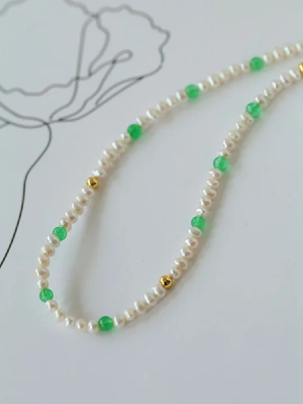 Ladies custom name necklace-Green Agate Pearl Beaded Necklace