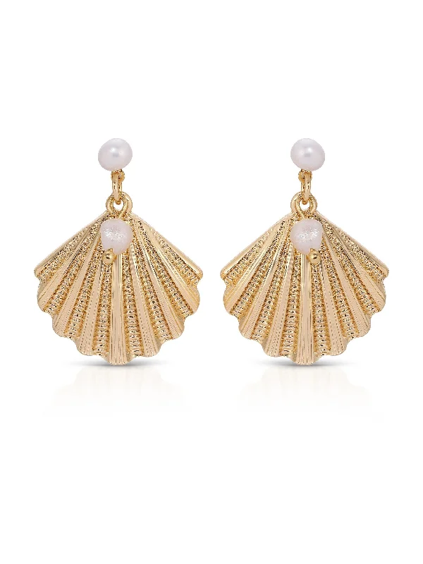 Ladies gemstone earrings-Scallop Shell and Pearl Earrings