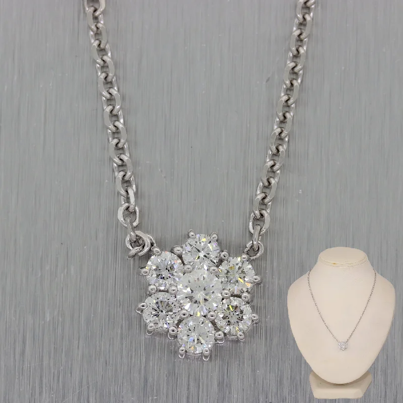 Ladies layered pendant necklace-Modern 14k White Gold 1.60ctw Diamond Cluster 16" Necklace