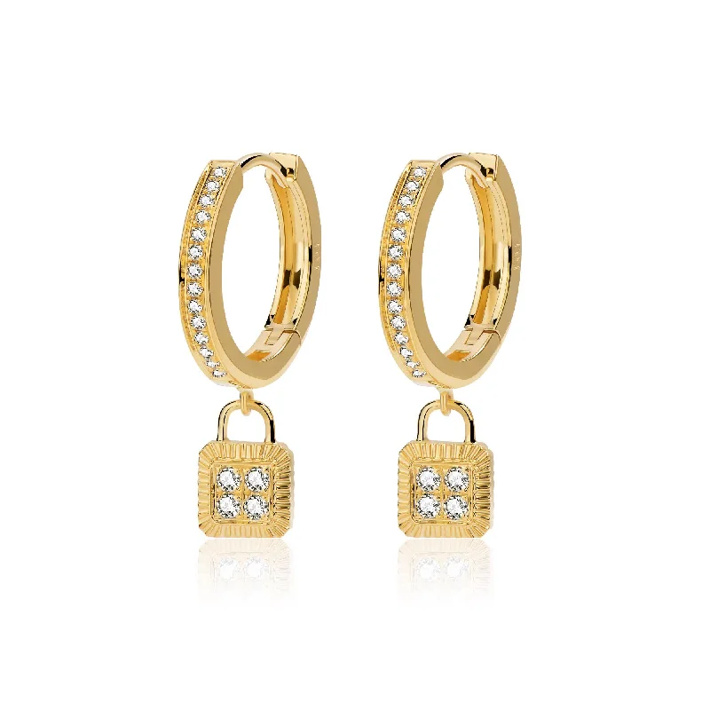 Ladies chic earrings-Unlock Classic - 18K Diamond Lock Gold Earring