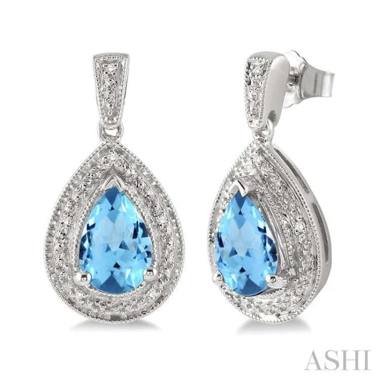 Ladies unique gemstone earrings-9x6MM Pear Shape Blue Topaz and 1/20 Ctw Single Cut Diamond Earrings in Sterling Silver