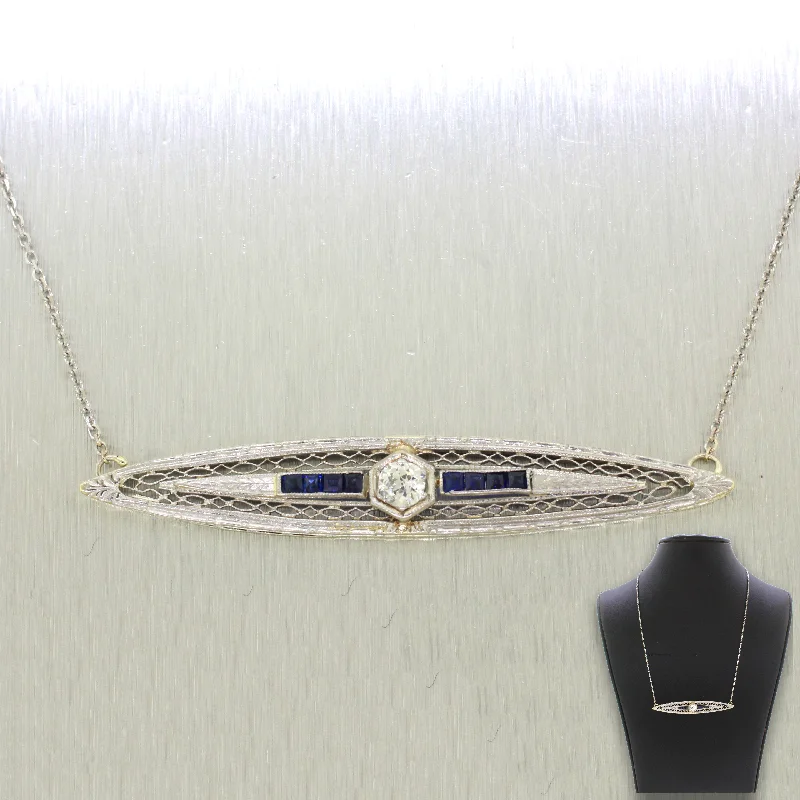 Ladies gold-plated necklace-1920s Antique Art Deco 14k Gold 0.25ct Diamond & Sapphire Bar Necklace