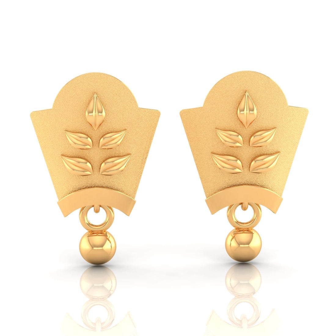 Ladies infinity earrings-22KT (916) Yellow Gold Leaf Design Drop Earrings With Ball Accent