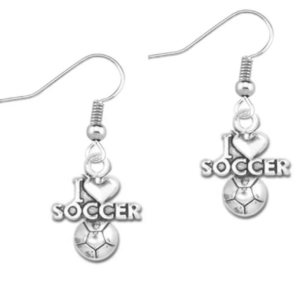 Ladies long dangle earrings-I Love Soccer Earrings