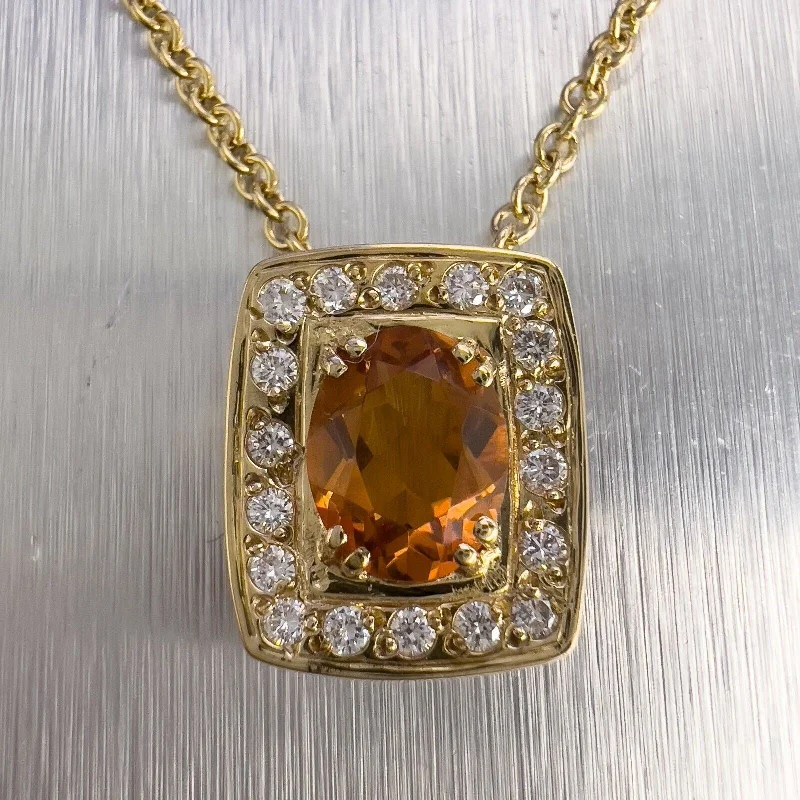 Ladies double-layer necklace-18k Yellow Gold Oval Citrine Diamond Halo Cushion Pendant Necklace 0.36ctw 17.5"