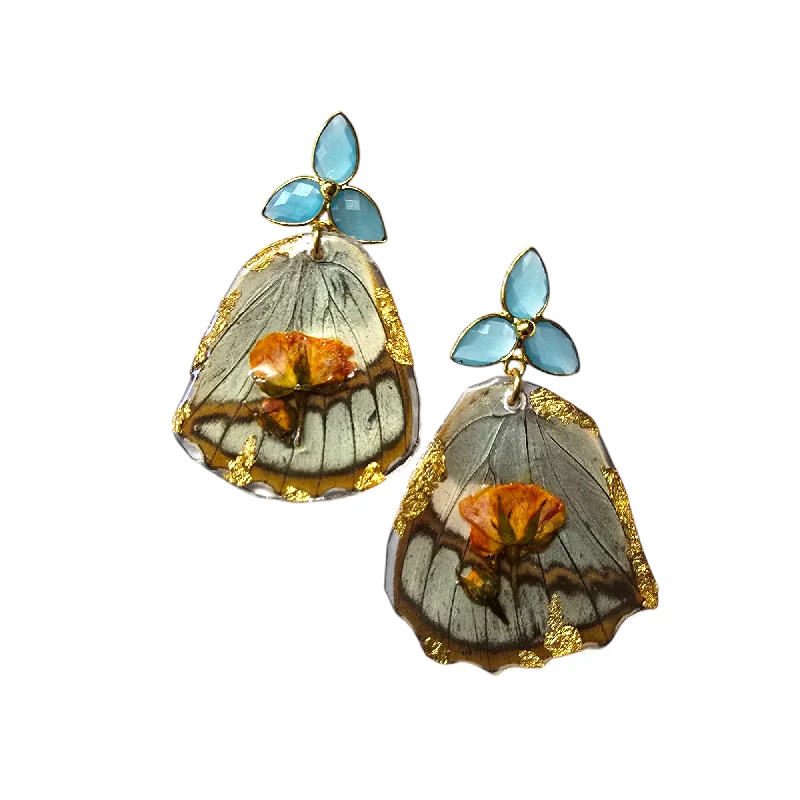 Ladies vintage gold earrings-The Real Butterfly Chalcedony Flower Post Earrings