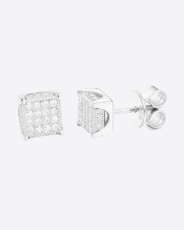 Ladies fashion earrings-MOISSANITE ICED SQUARE EARRINGS. - WHITE GOLD