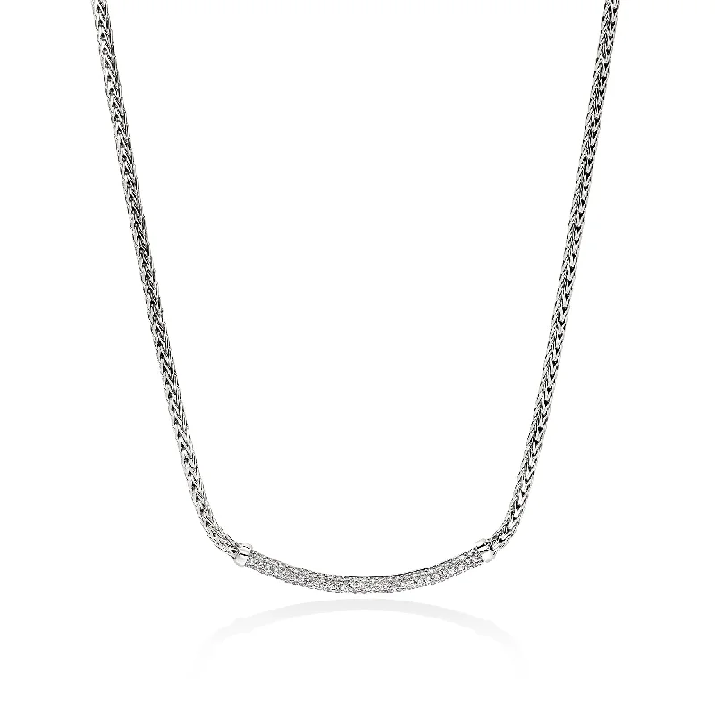 Ladies sterling silver necklace-John Hardy center diamond curved bar necklace