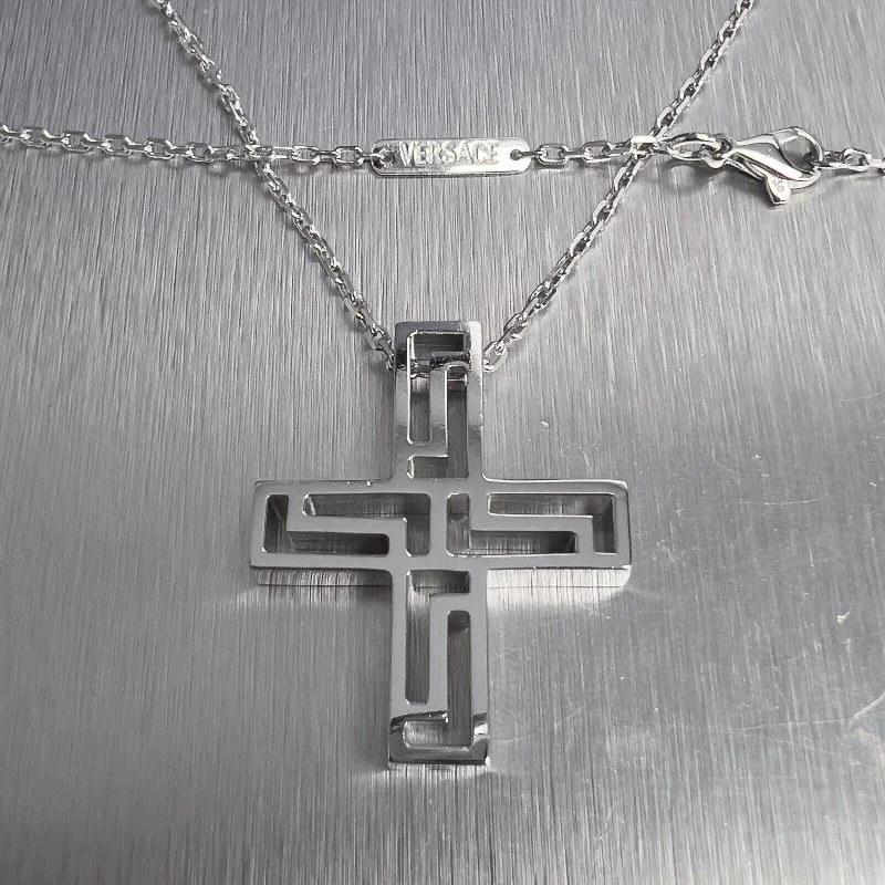 Ladies beaded necklace-Versace Greca Greek Key Cross 18k White Gold Pendant Necklace 20" HEAVY