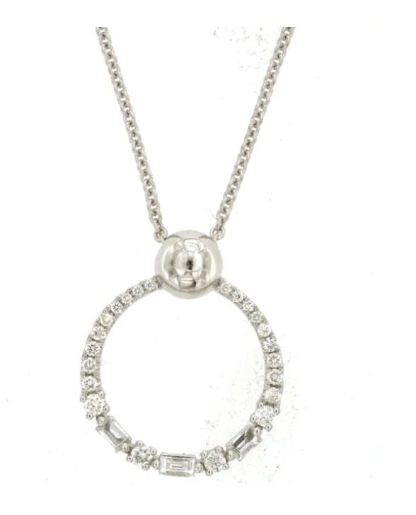 Ladies gold necklace-14k white gold baguette and round diamond open circle necklace