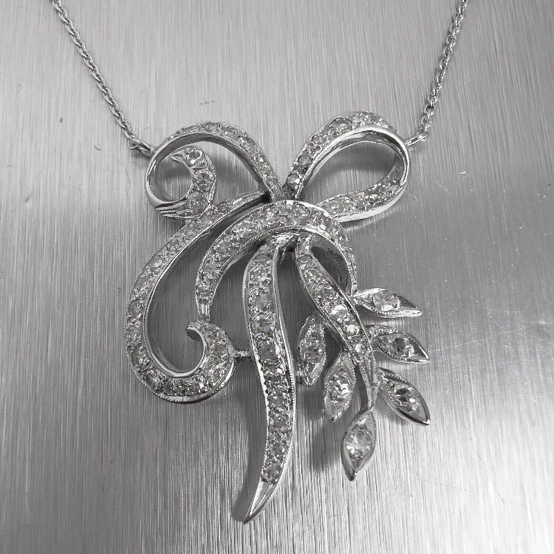 Ladies casual necklace-14k White Gold Diamond Floral Vine Motif Pendant Necklace 1.00ctw G VS2 17"