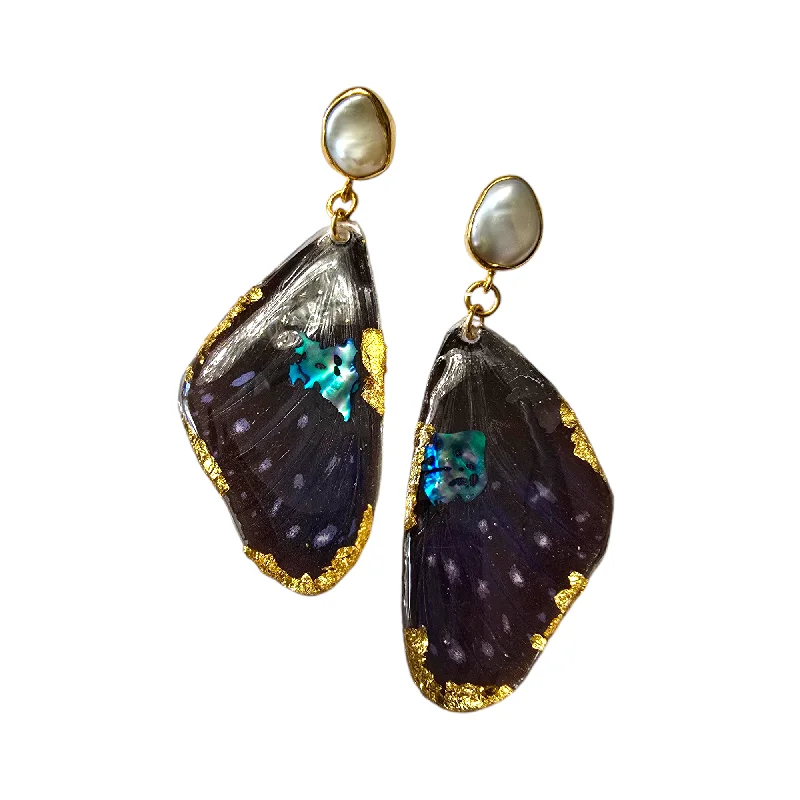 Ladies unique gemstone earrings-The Real Peacock Butterfly Pearl Gold Filled Post Earrings