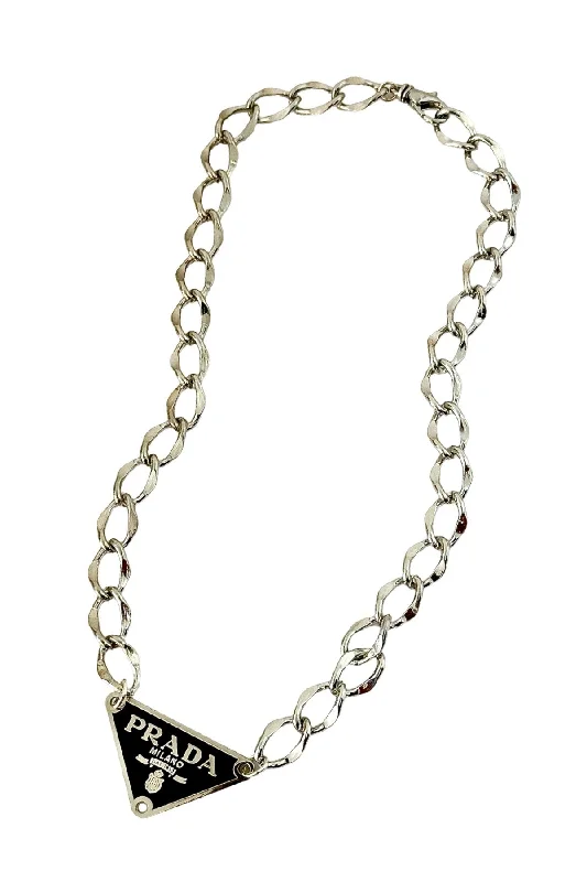 Ladies pearl and diamond necklace-P-RAD Black & Shiny Silver Tag Necklace