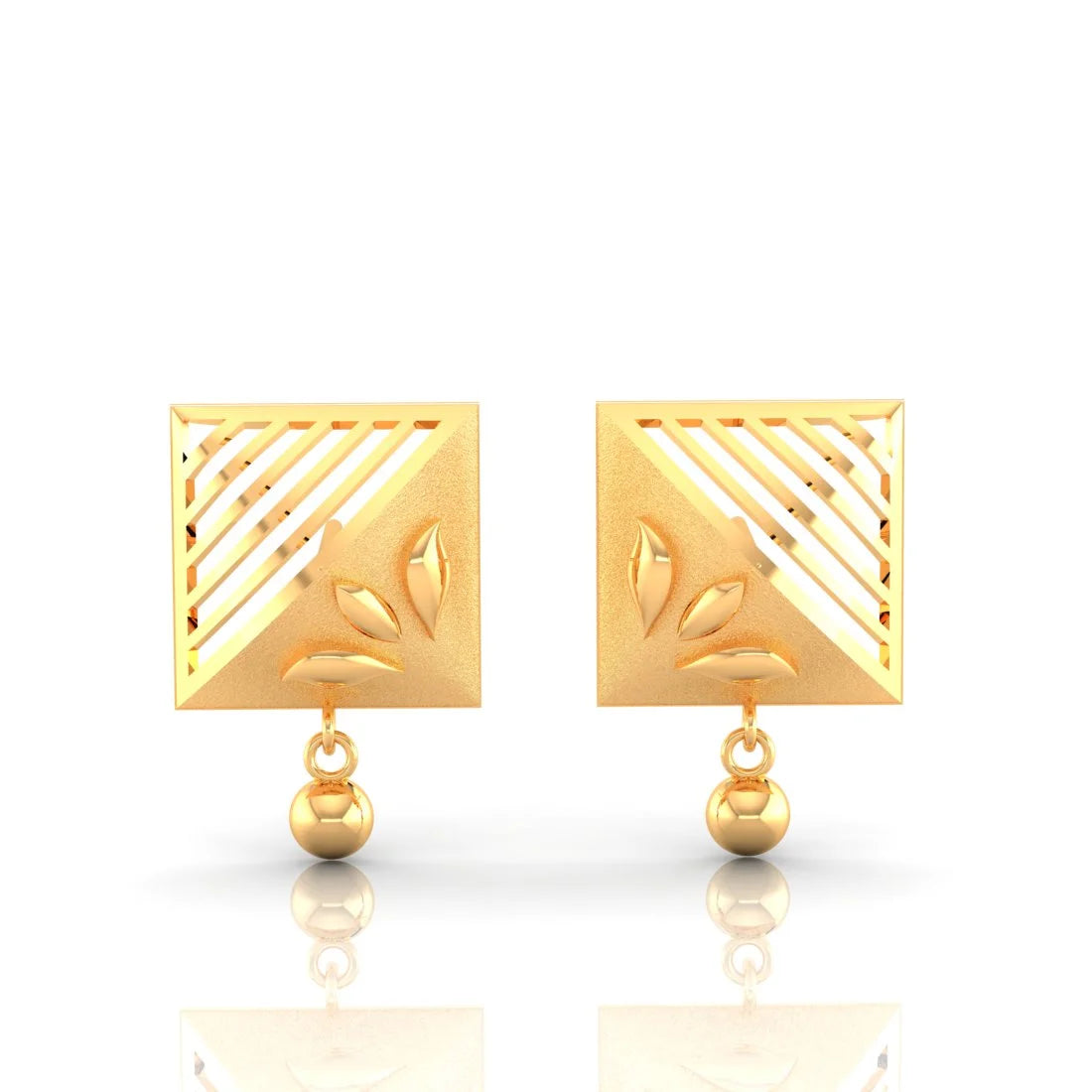 Ladies personalized earrings-22KT (916) Yellow Gold Square Drop Stud Earrings With Leaf Motif