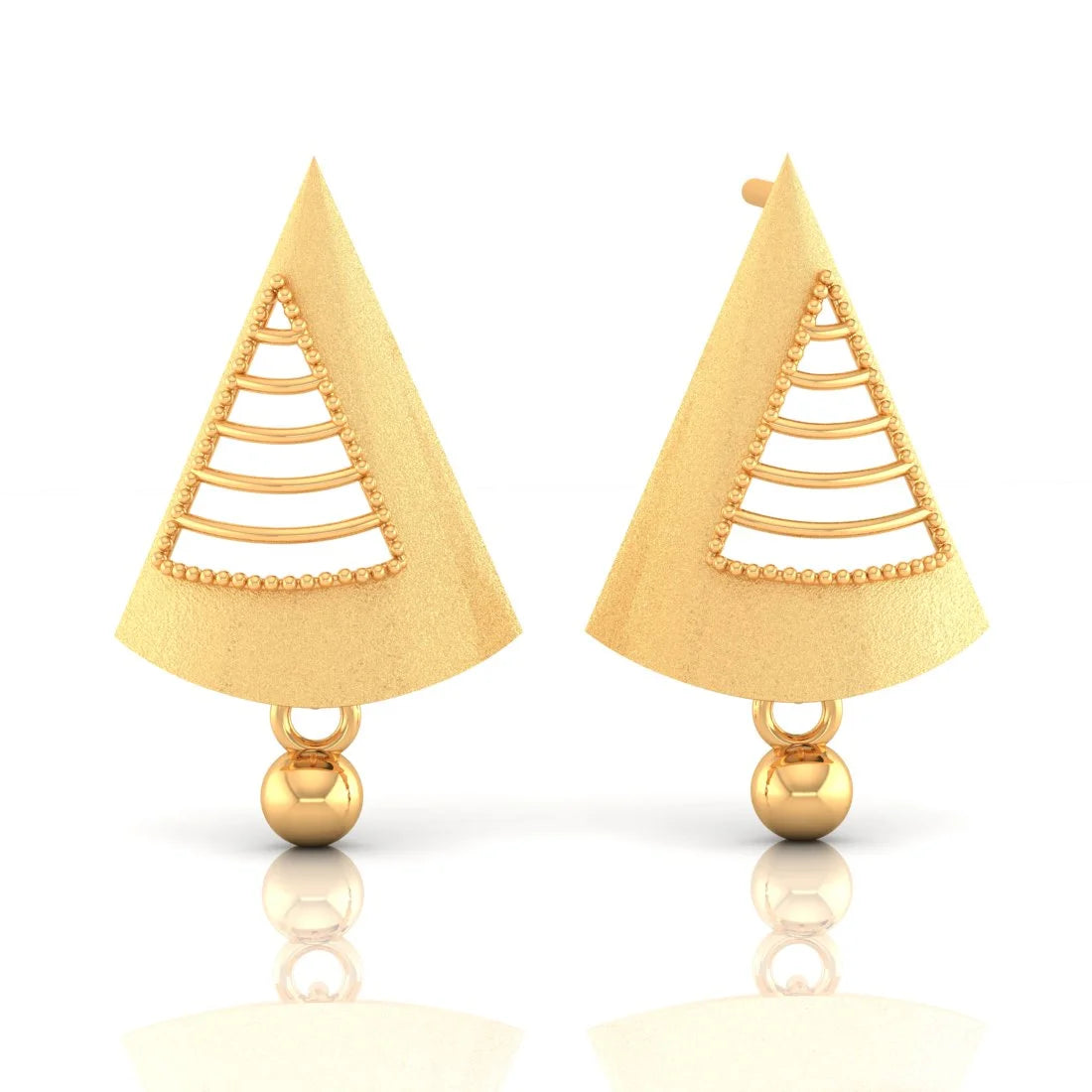 Ladies large earrings-22KT (916) Yellow Gold Triangle Cut-out Drop Earrings With Beaded Details And Dangling Spheres