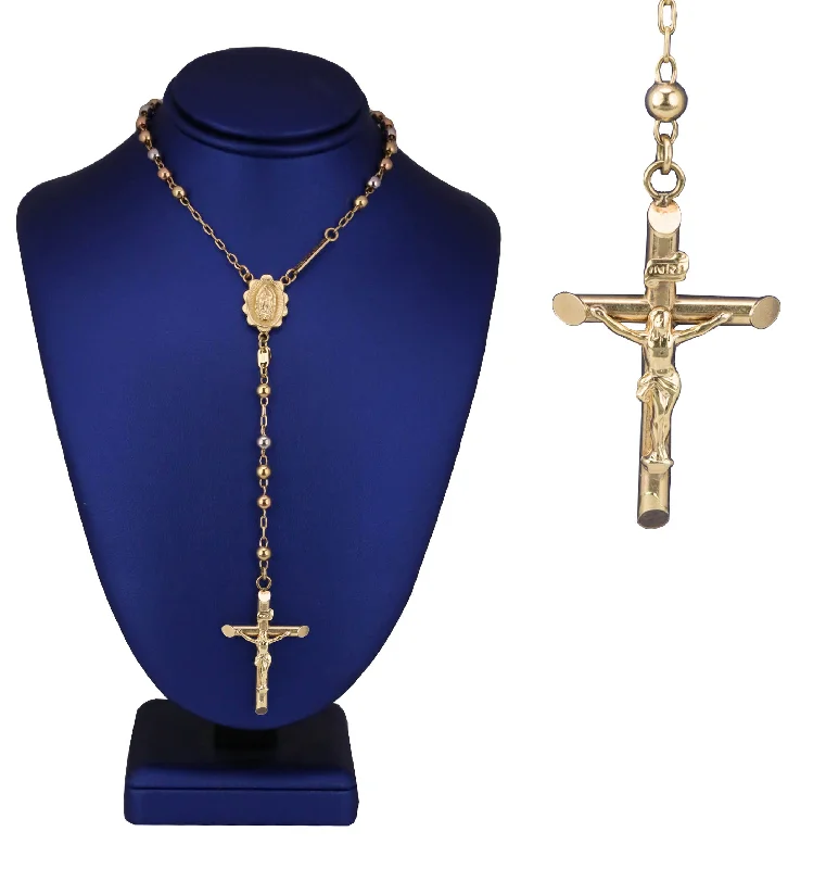 Ladies bridal necklace-14K Tri-Color Gold Virgin Mary Crucifix Tri Color Rosary 4mm Beaded Necklace