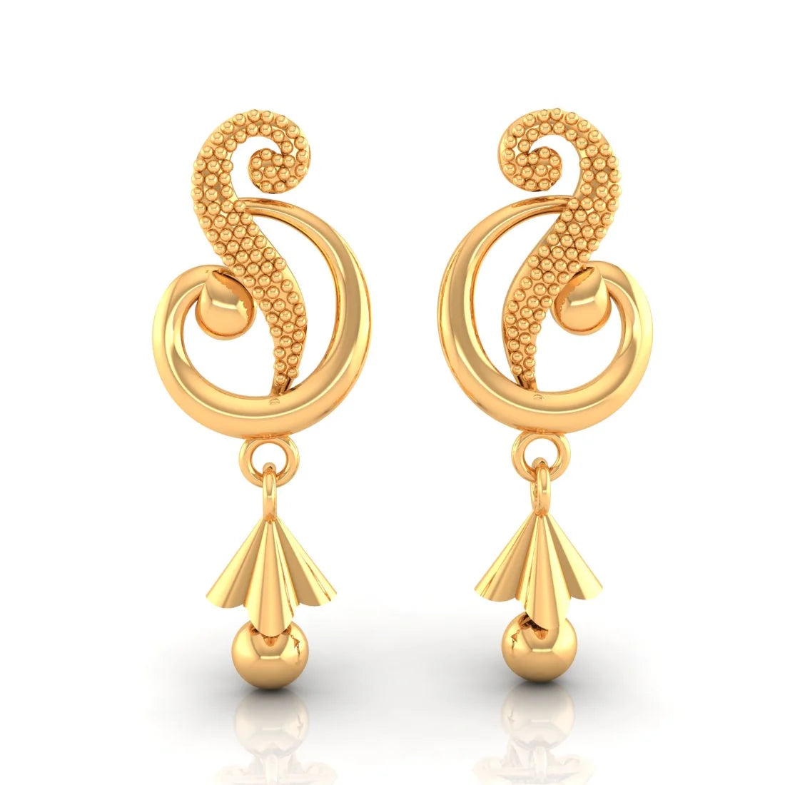 Ladies stylish earrings-22KT (916) Yellow Gold Dangle Drop Earrings With Swirl Design And Cone-shaped Drop