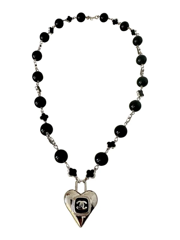 Ladies butterfly necklace-CC Black & Silver Lock Heart Necklace