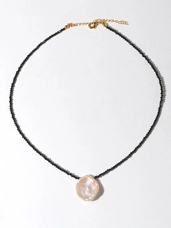 Ladies pearl necklace-Single Large Petal Baroque Pearl Black Spinel Necklace