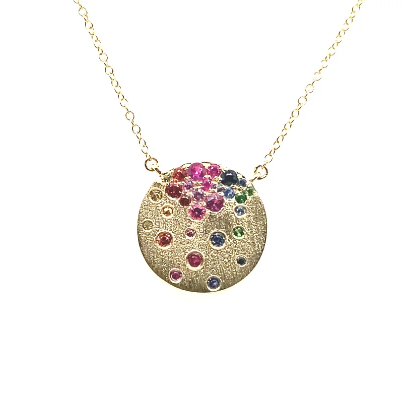 Ladies custom birthstone necklace-Rainbow Sapphire Circle Confetti Necklace