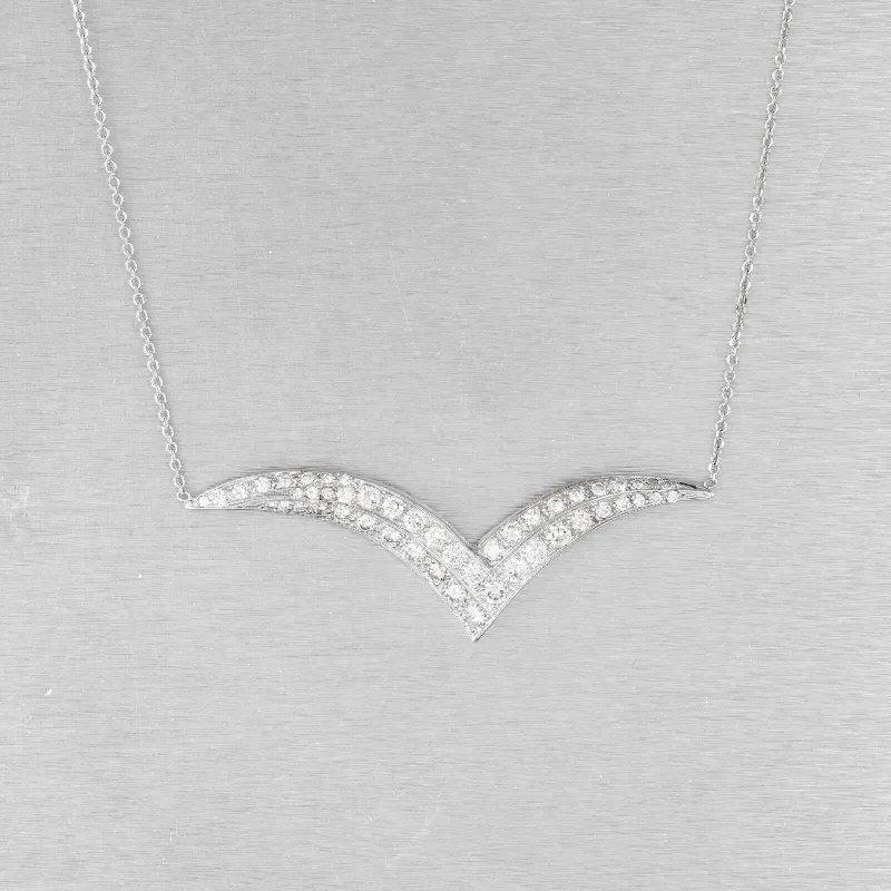 Ladies fine jewelry necklace-Estate 14k White Gold Diamond Chevron Pendant Necklace 17.5" 1.03ctw VINTAGE