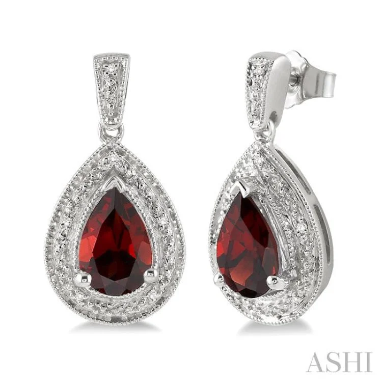 Ladies vintage gold earrings-9x6MM Pear Shape Garnet and 1/20 Ctw Single Cut Diamond Earrings in Sterling Silver