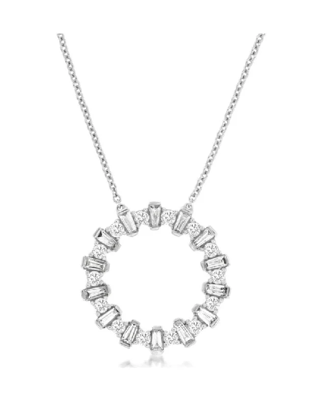 Ladies heart necklace-14k white gold circle baguette/round diamond 18" necklace