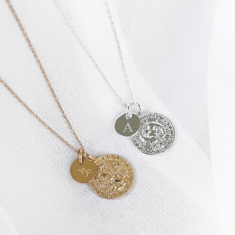 Ladies silver necklace-Thea - 18ct Gold or Silver Plated Zodiac Horoscope & Monogram Necklace